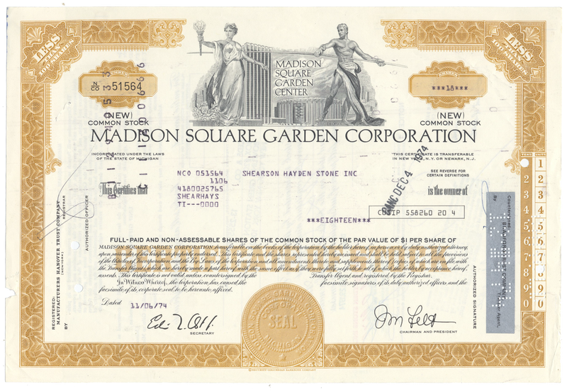 Madison Square Garden Corporation Stock Certificate