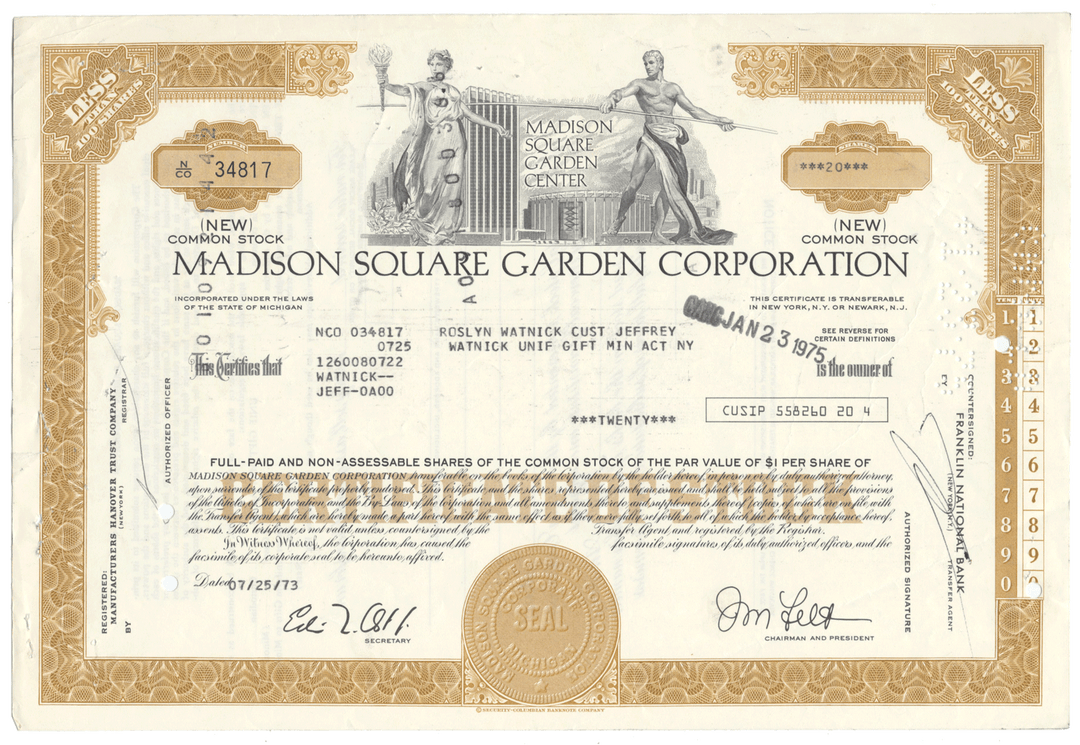 Madison Square Garden Corporation Stock Certificate