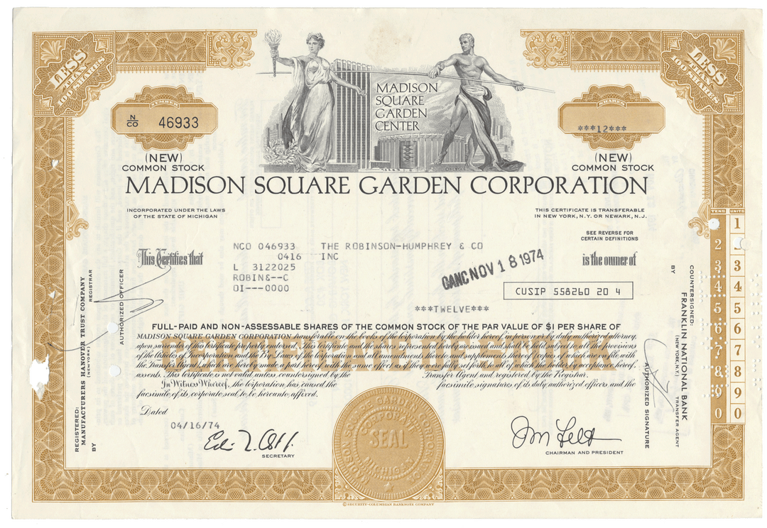 Madison Square Garden Corporation stock certificate with decorative elements and text.