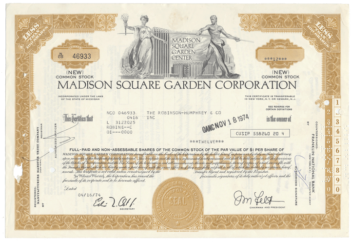 Madison Square Garden Corporation stock certificate with decorative elements and text.