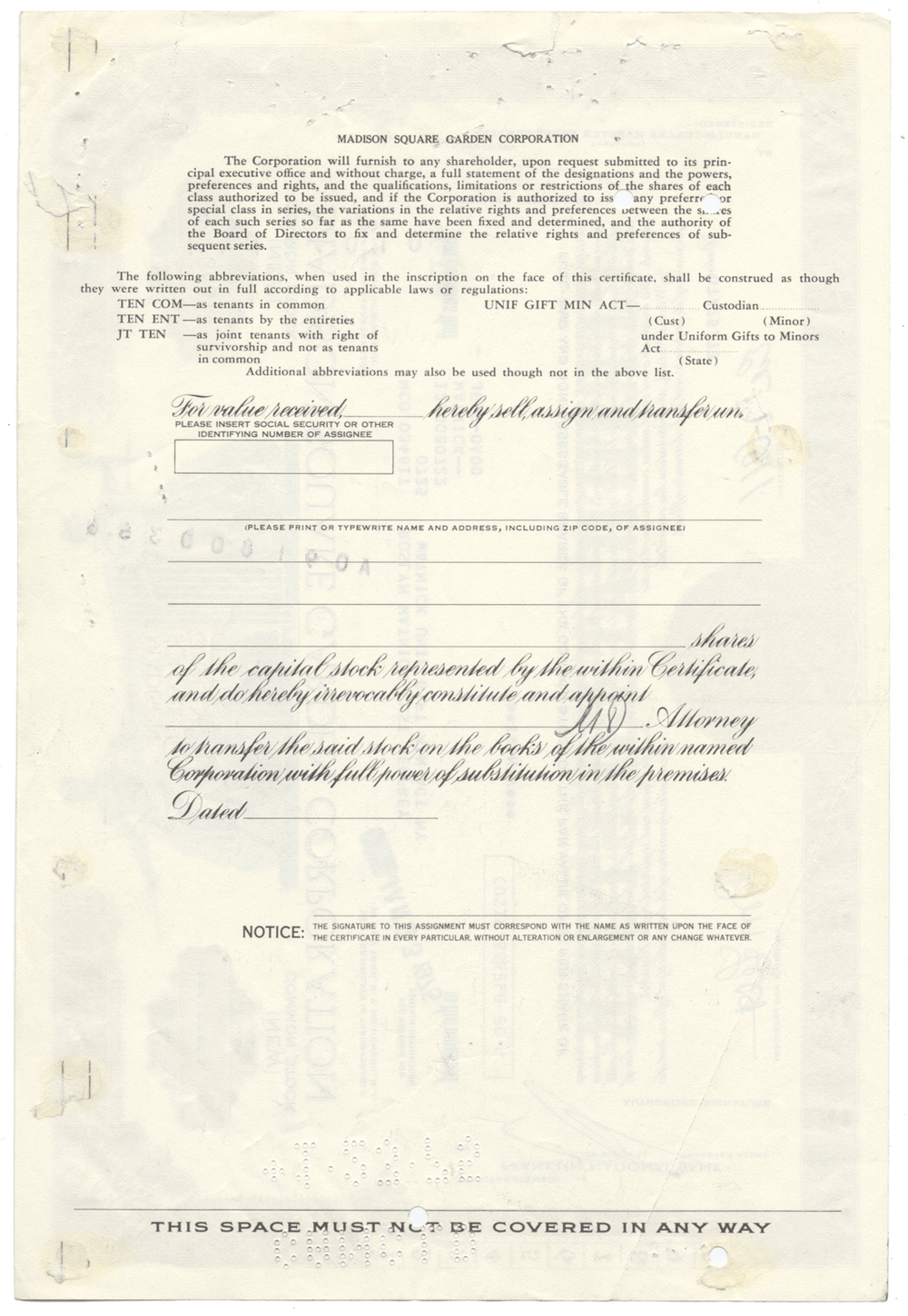 Madison Square Garden Corporation Stock Certificate