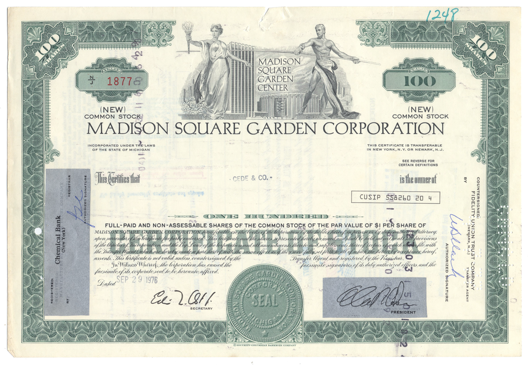 Madison Square Garden Corporation Stock Certificate