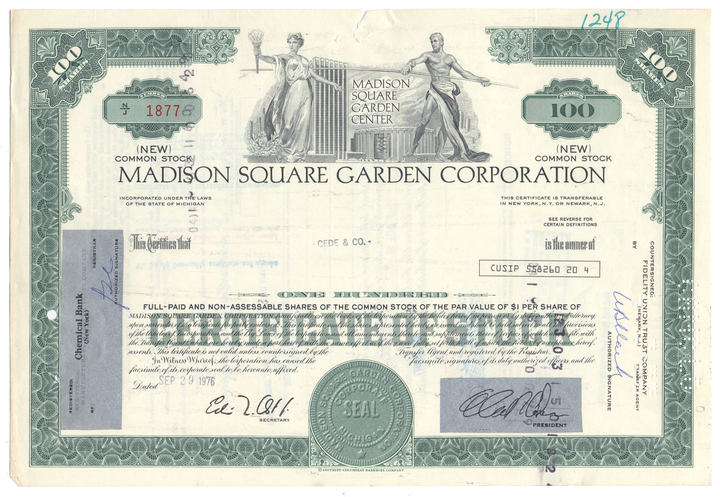 Madison Square Garden Corporation Stock Certificate