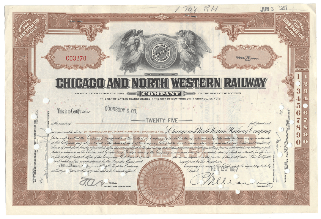 Vintage Chicago and North Western Railway Company stock certificate from 1957