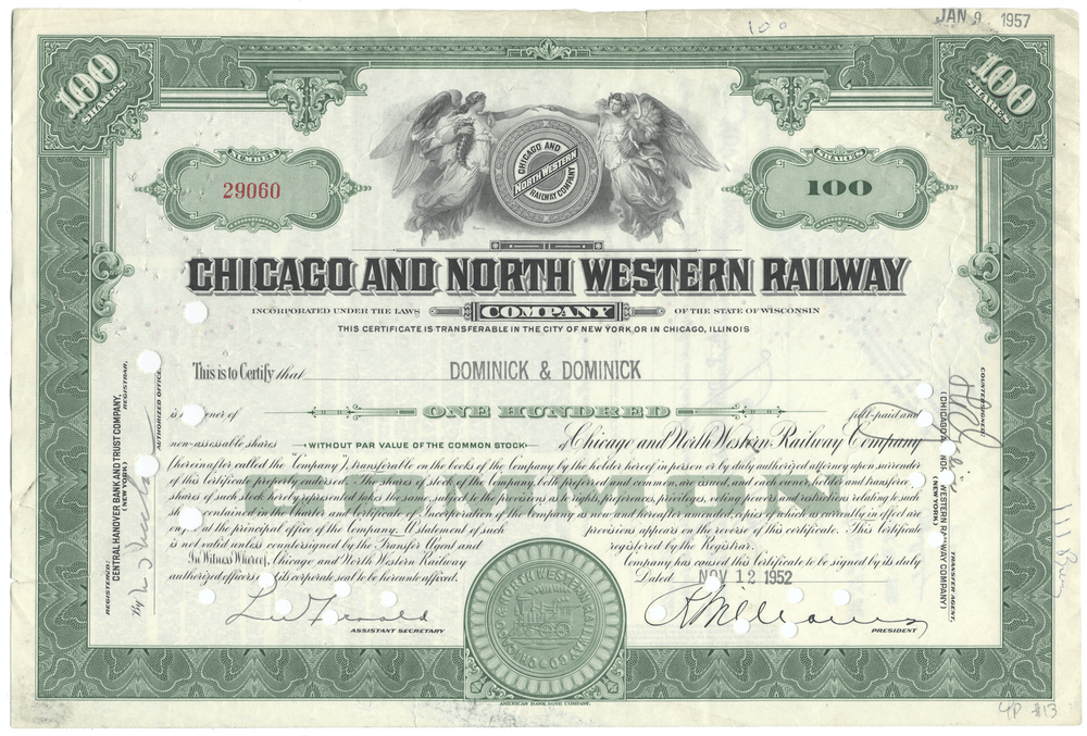Historical stock certificate of Chicago and North Western Railway Company