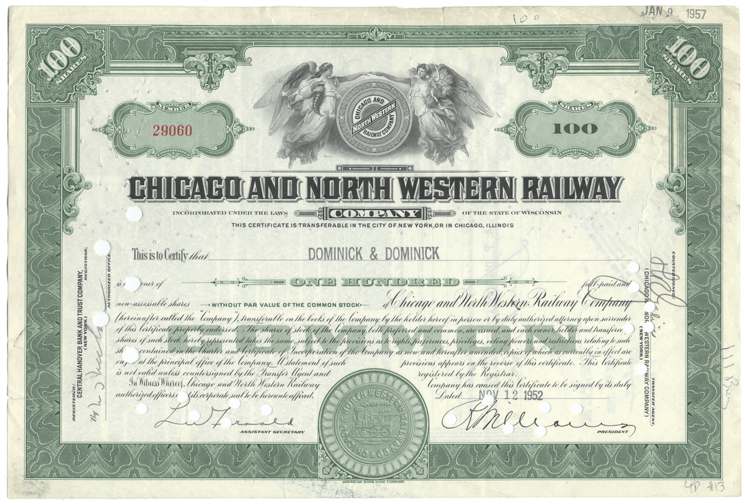 Historical stock certificate of Chicago and North Western Railway Company