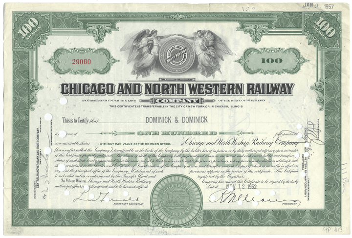 Historical stock certificate of Chicago and North Western Railway Company