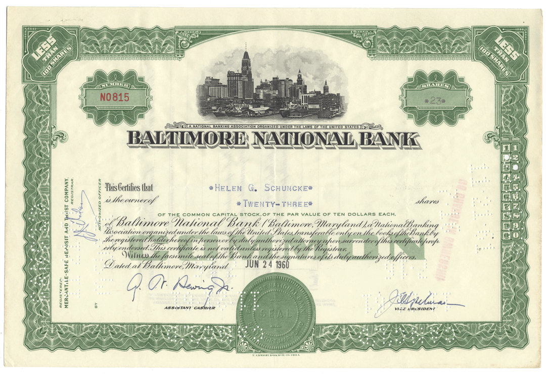 Baltimore National Bank Stock Certificate