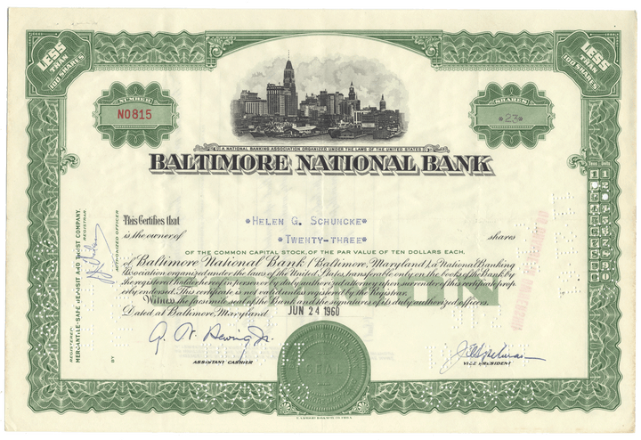 Baltimore National Bank Stock Certificate