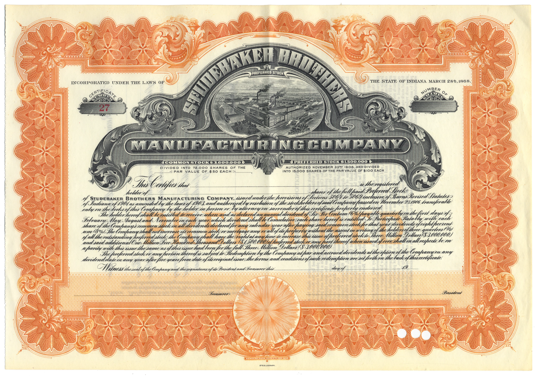 Studebaker Brothers Manufacturing Company Stock Certificate