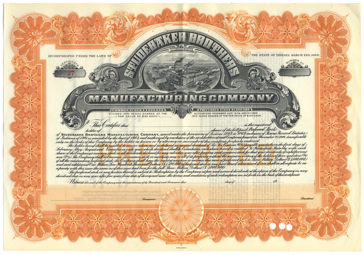 Studebaker Brothers Manufacturing Company Stock Certificate