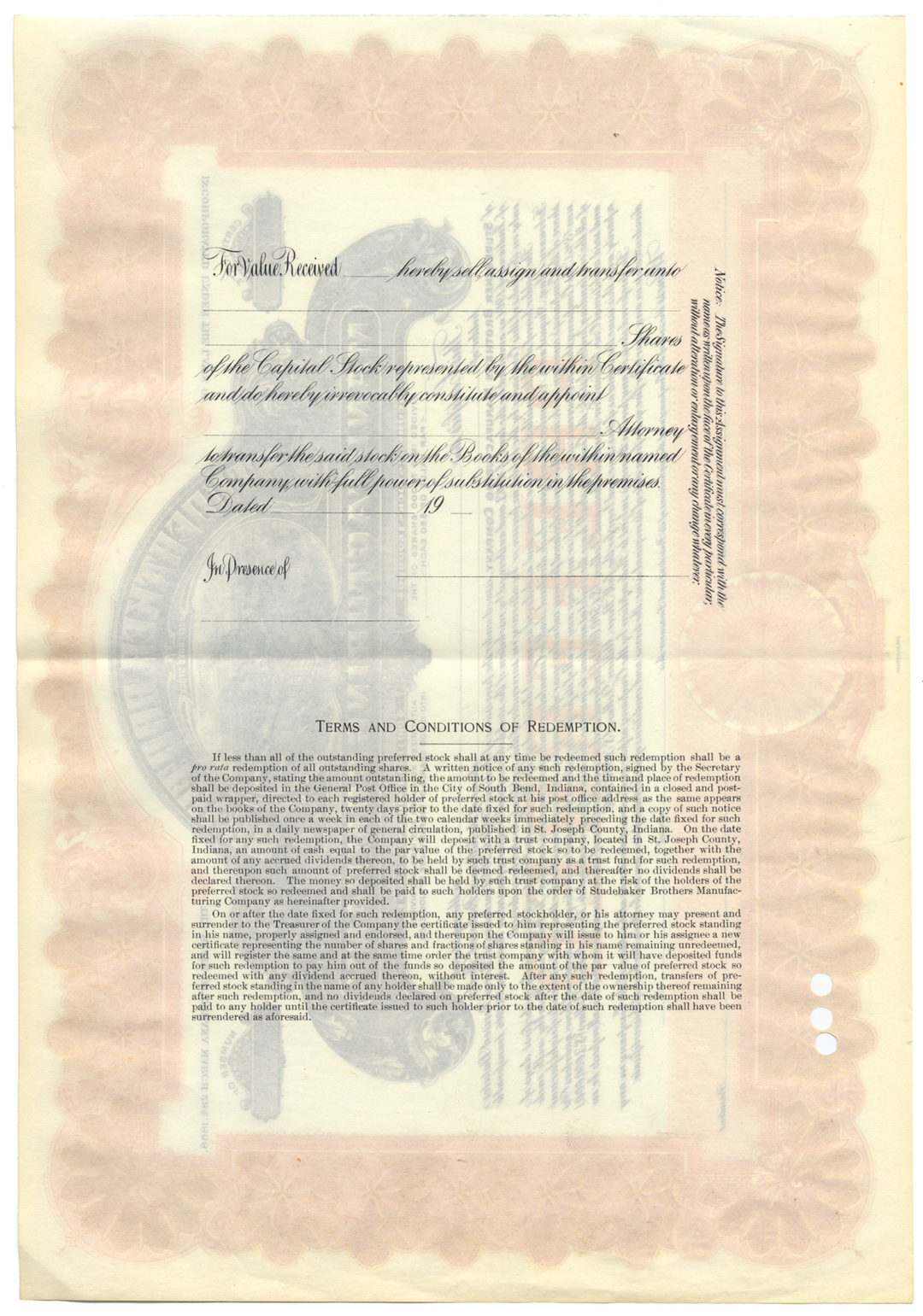 Studebaker Brothers Manufacturing Company Stock Certificate