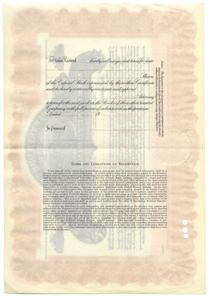 Studebaker Brothers Manufacturing Company Stock Certificate