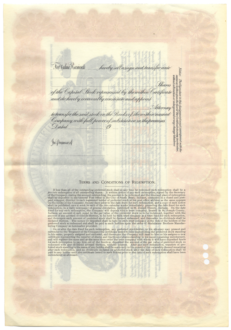 Studebaker Brothers Manufacturing Company Stock Certificate