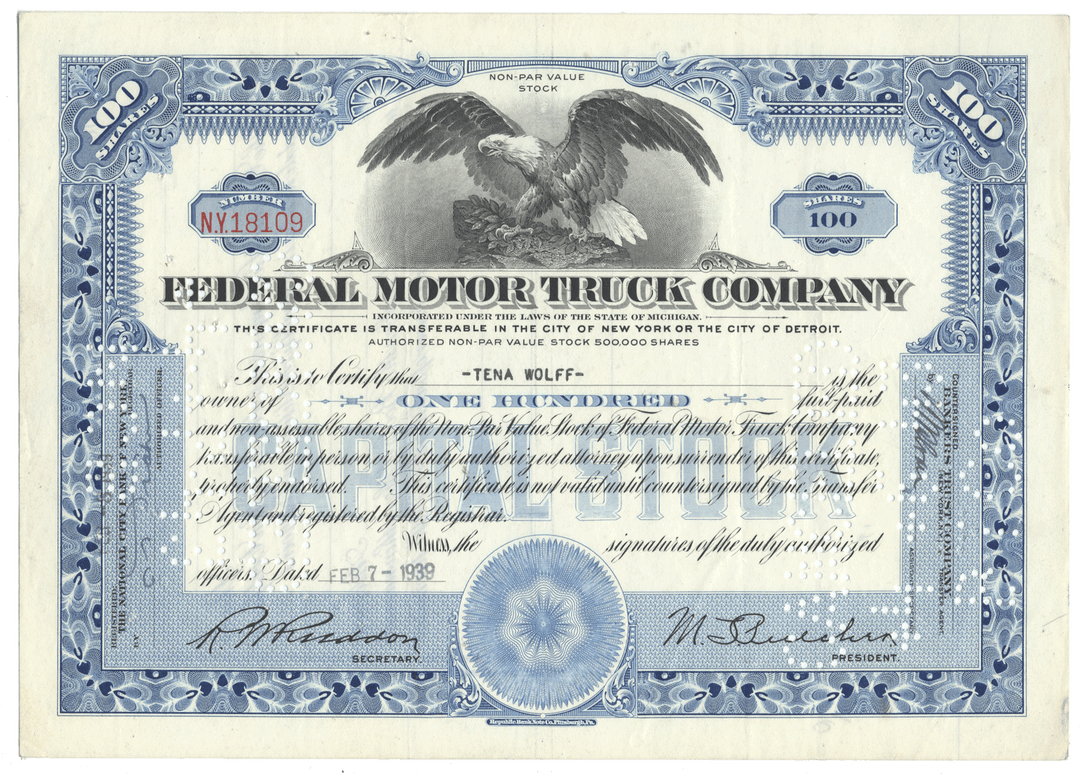 Stock certificate of Federal Motor Truck Company with an eagle emblem
