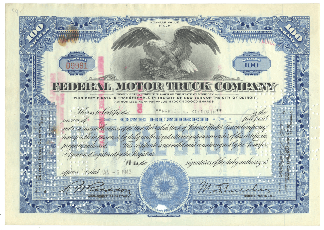 Vintage stock certificate of the Federal Motor Truck Company with an eagle emblem from 1943