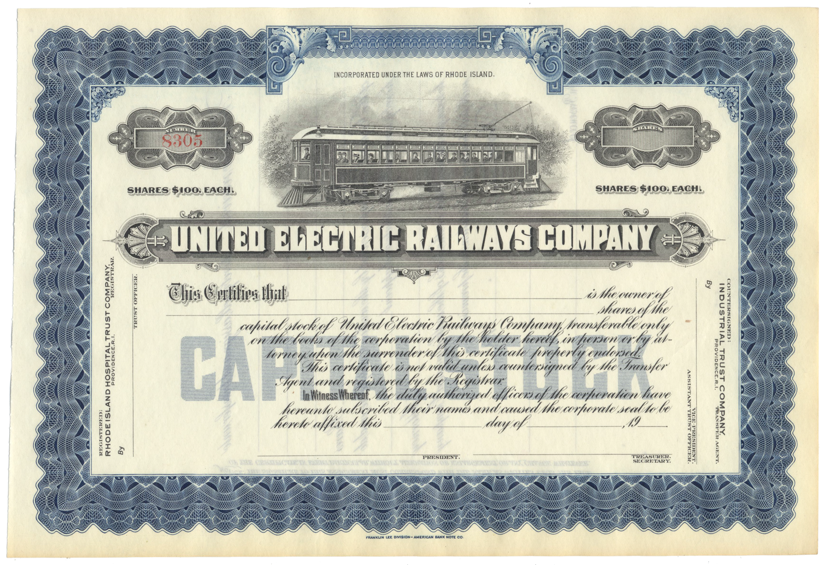 United Electric Railways Company stock certificate with blue and black design