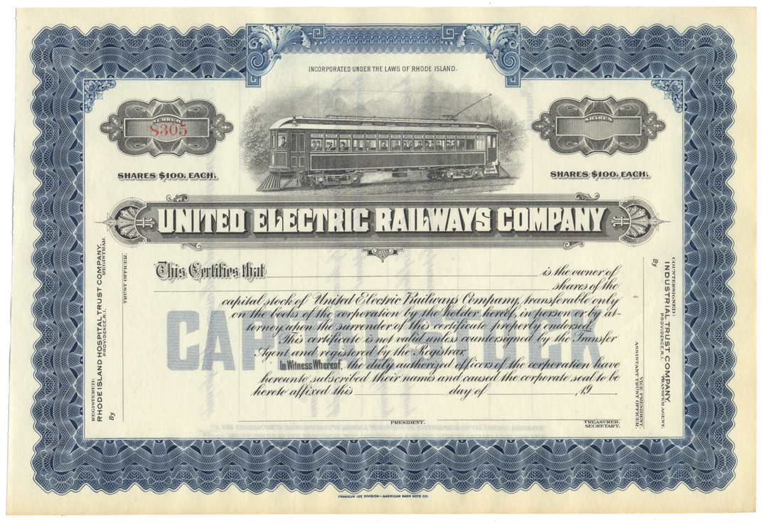 United Electric Railways Company stock certificate with blue and black design
