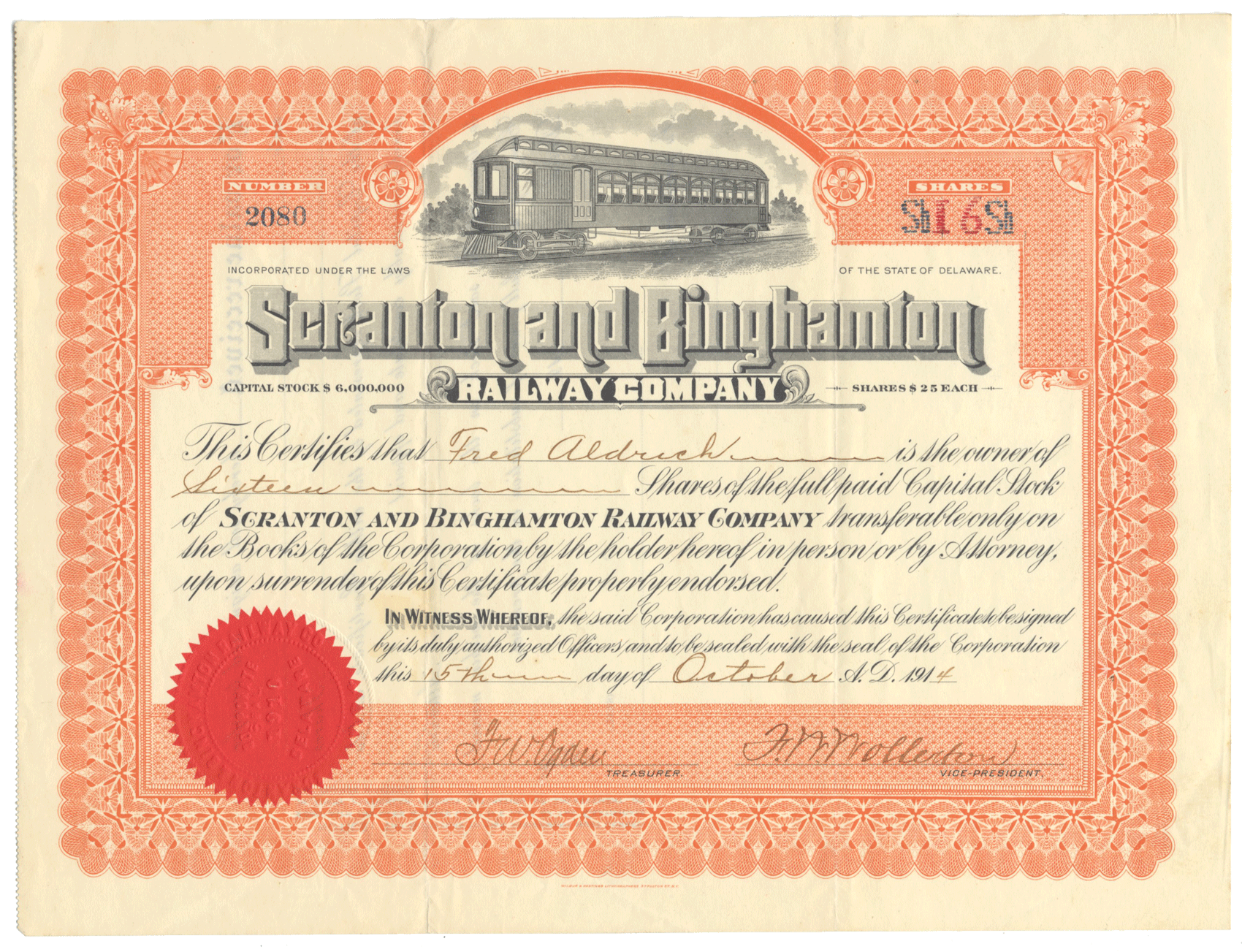 Scranton & Binghamton Railway Company Stock Certificate