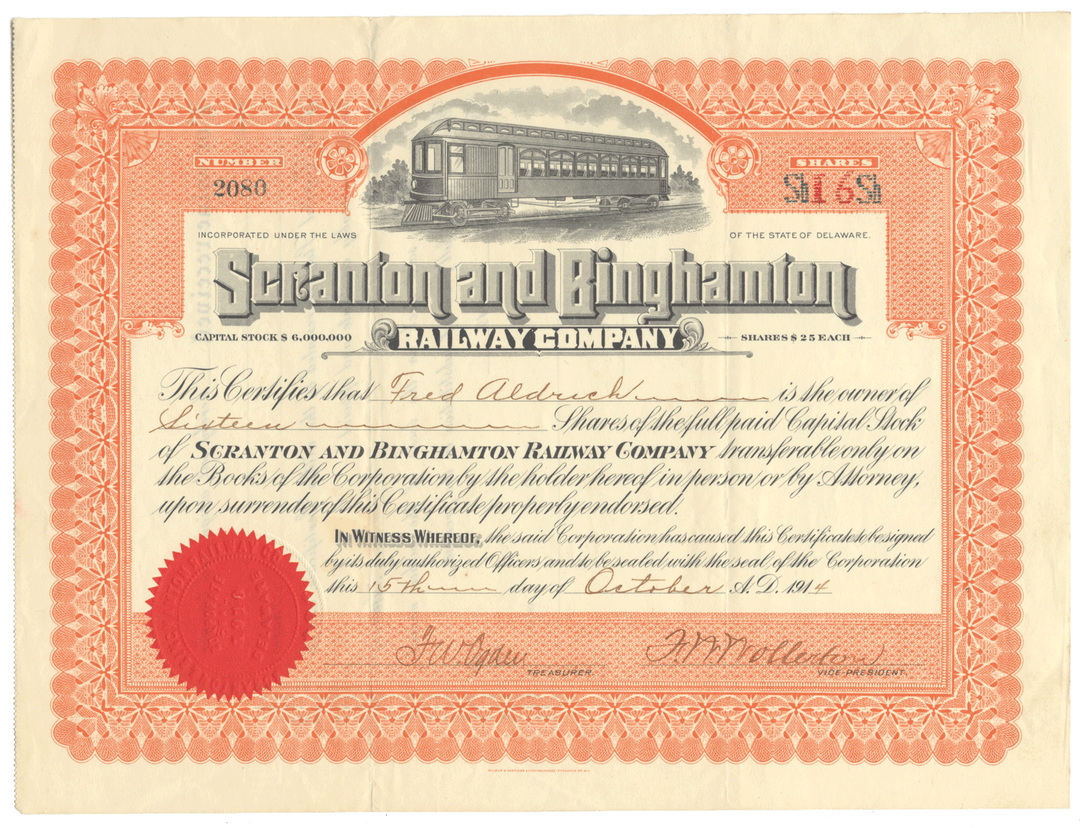 Scranton & Binghamton Railway Company Stock Certificate