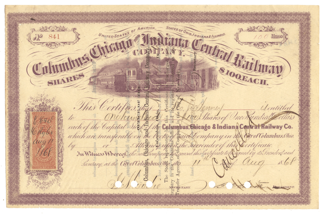 Vintage stock certificate for Columbus Chicago & Indiana Central Railway Company