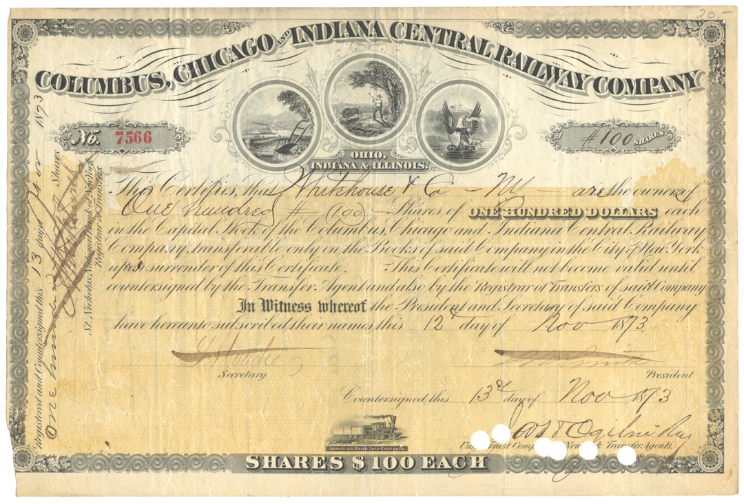 Columbus, Chicago and Indiana Central Railway Company Stock Certificate