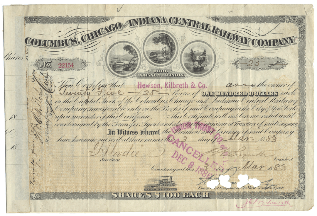 Stock certificate from the  Columbus, Chicago & Indiana Central Railway Company dated 1883