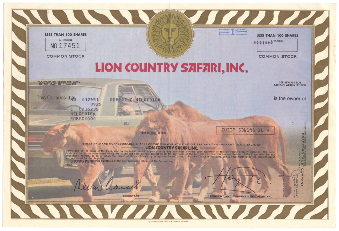 Lion Country Safari, Inc. Stock Certificate