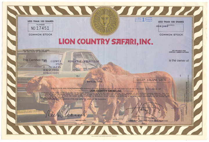 Lion Country Safari, Inc. Stock Certificate