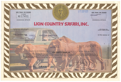 Lion Country Safari, Inc. Stock Certificate
