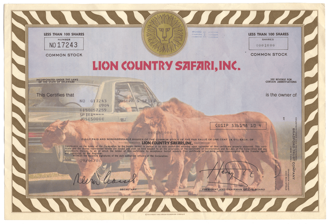 Lion Country Safari, Inc. stock certificate with lions and safari vehicle on a zebra-striped border.