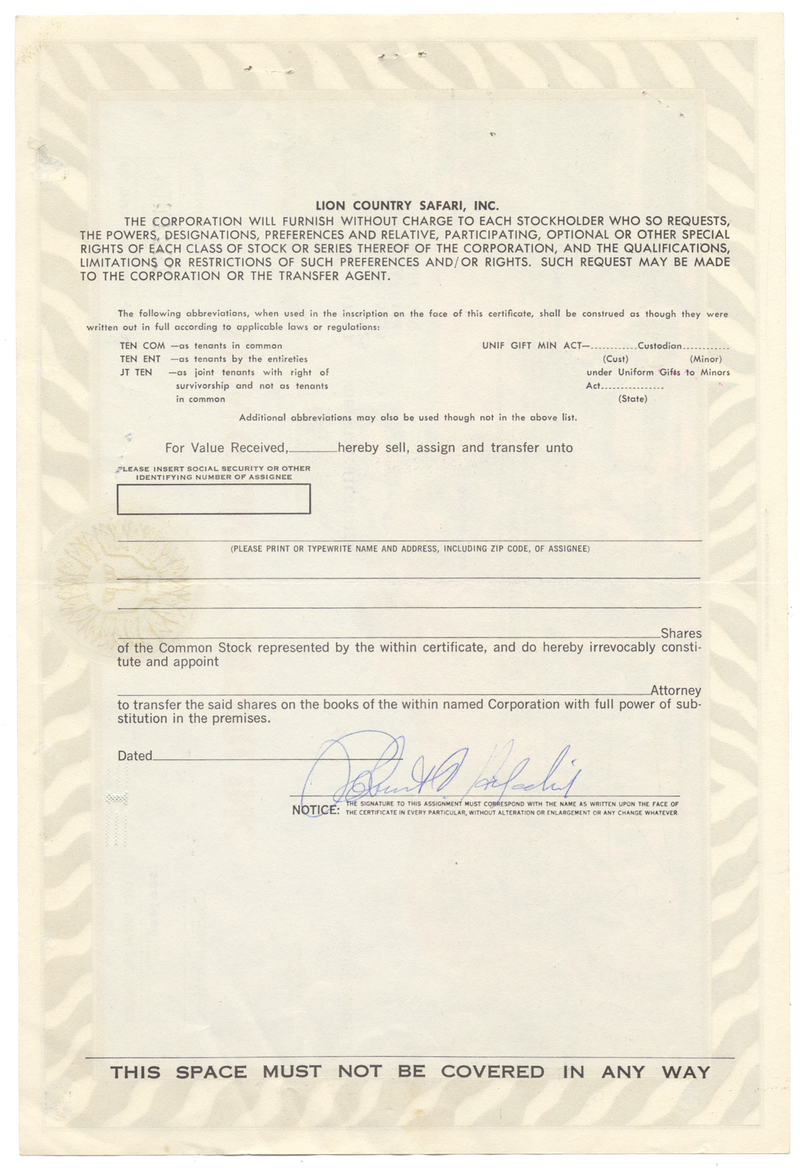 Lion Country Safari, Inc. Stock Certificate