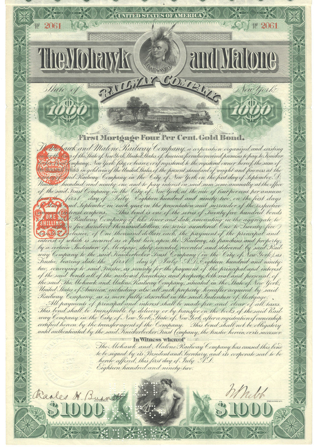 Mohawk & Malone Railway Company Bond Certificate Signed by William Webb