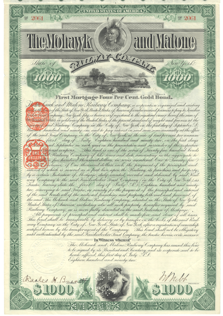 Mohawk & Malone Railway Company Bond Certificate Signed by William Webb