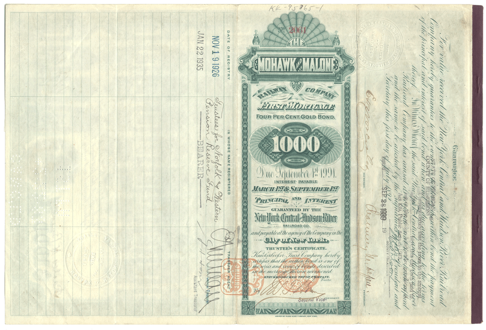 Mohawk & Malone Railway Company Bond Certificate Signed by William Webb