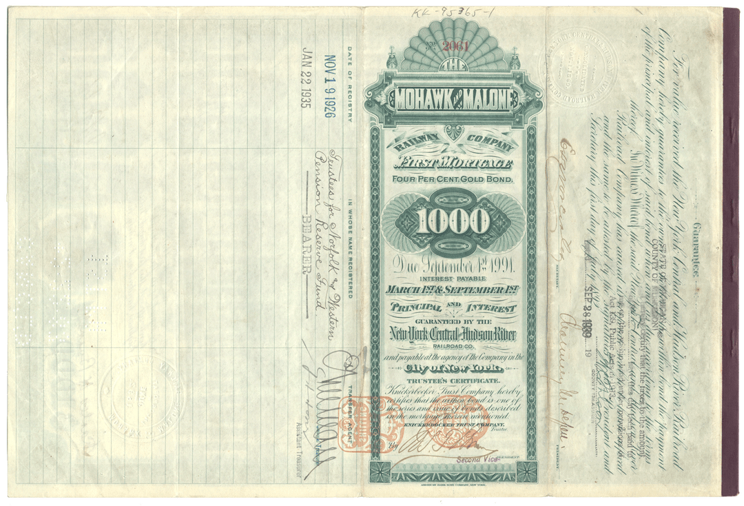 Mohawk & Malone Railway Company Bond Certificate Signed by William Webb