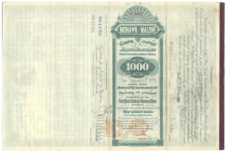 Mohawk & Malone Railway Company Bond Certificate Signed by William Webb