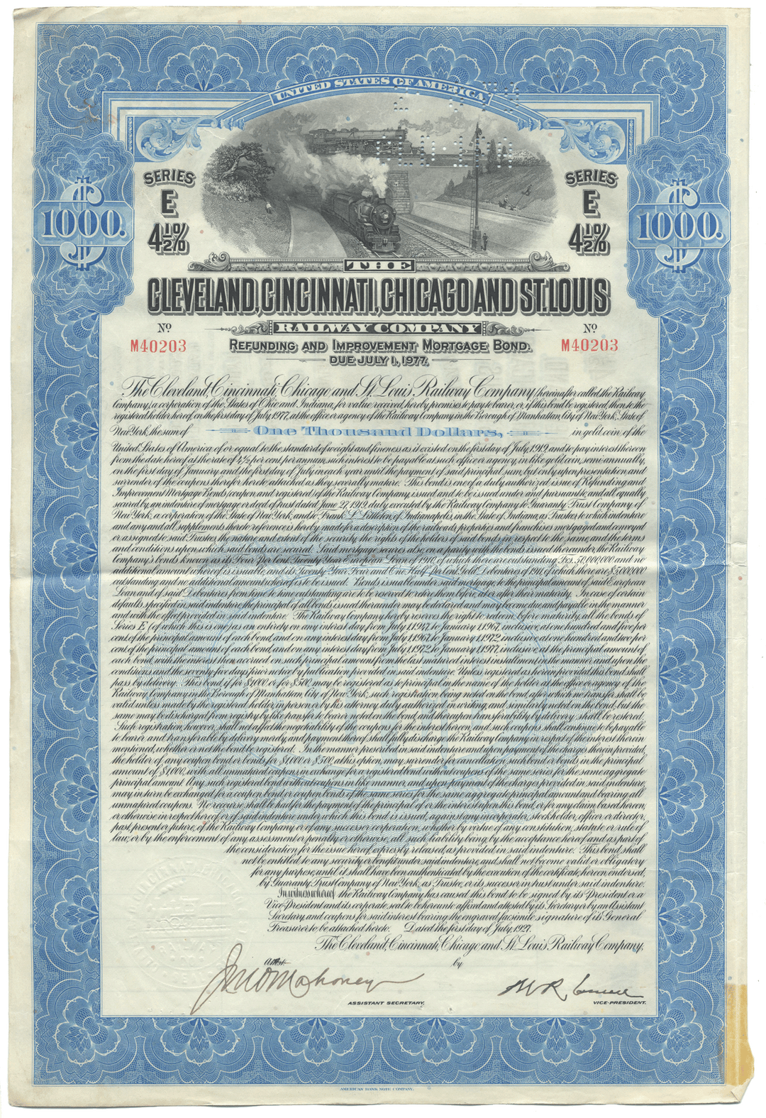 Cleveland, Cincinnati, Chicago & St. Louis Railway Bond Certificate