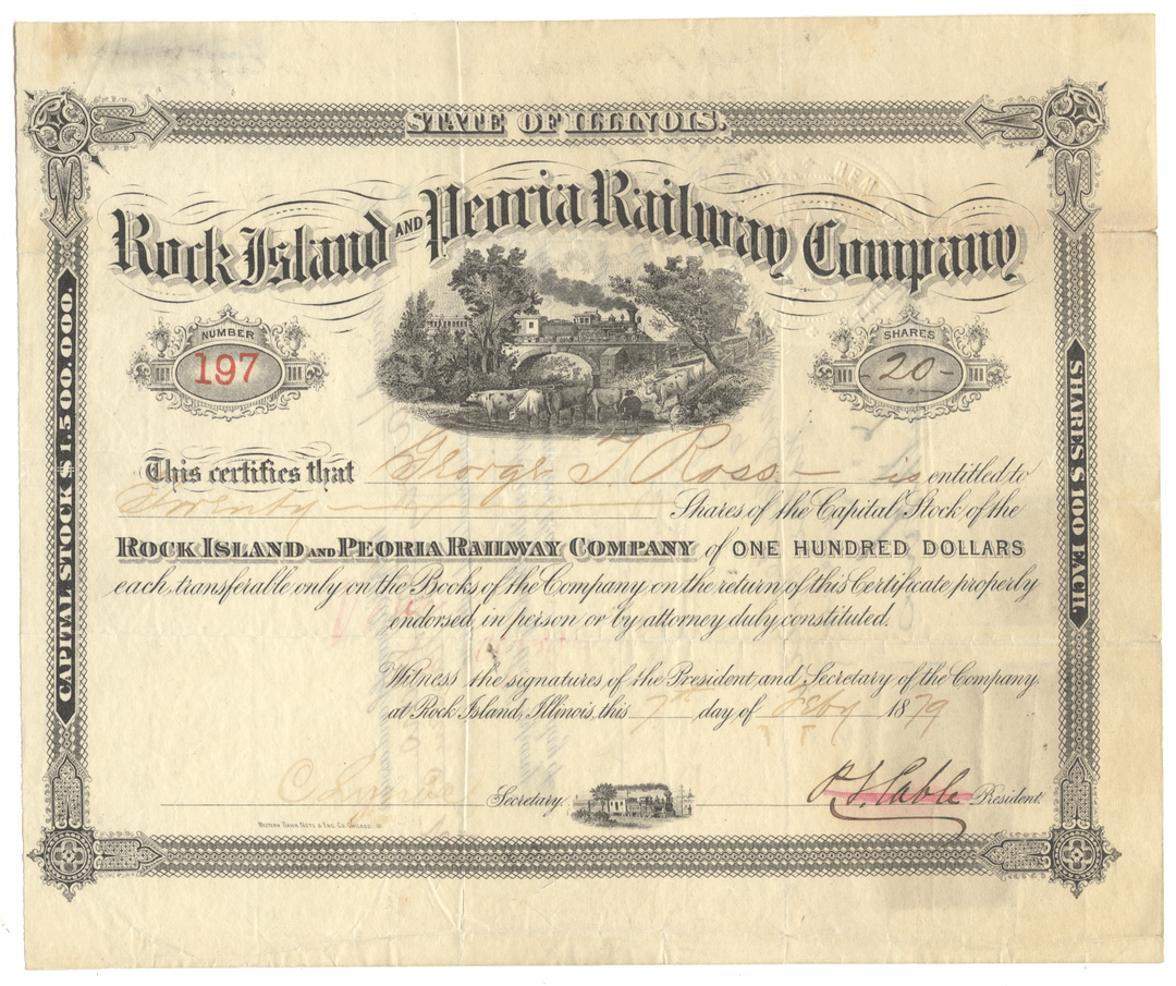 Vintage stock certificate of the Rock Island and Peoria Railway Company with decorative elements.