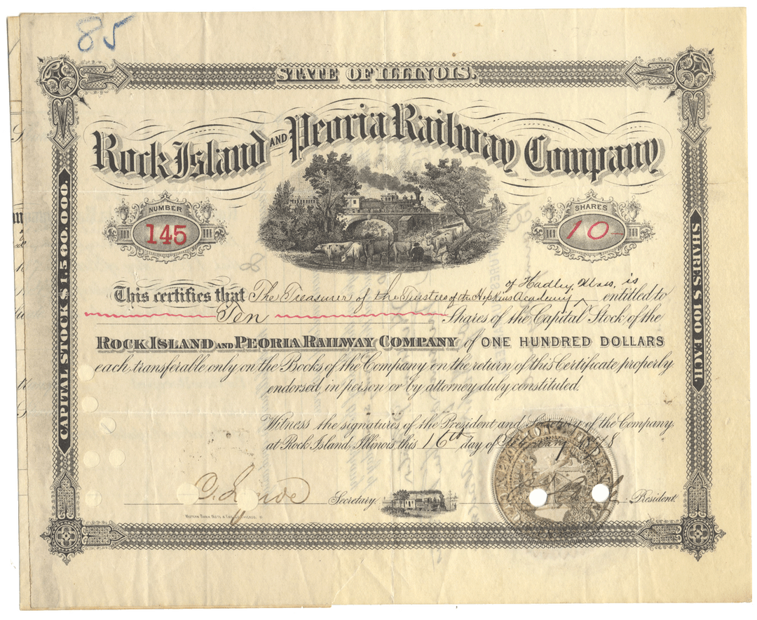 Vintage stock certificate of the Rock Island and Peoria Railway Company from 1878