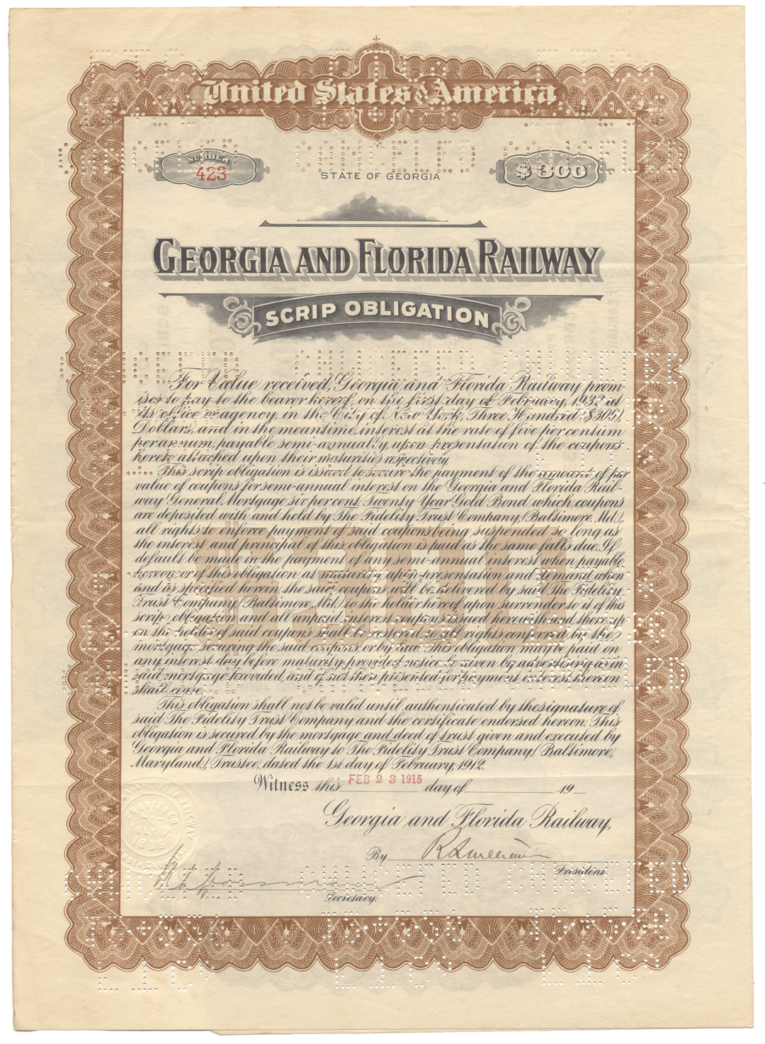 Georgian and Florida Railway scrip obligation certificate from 1915