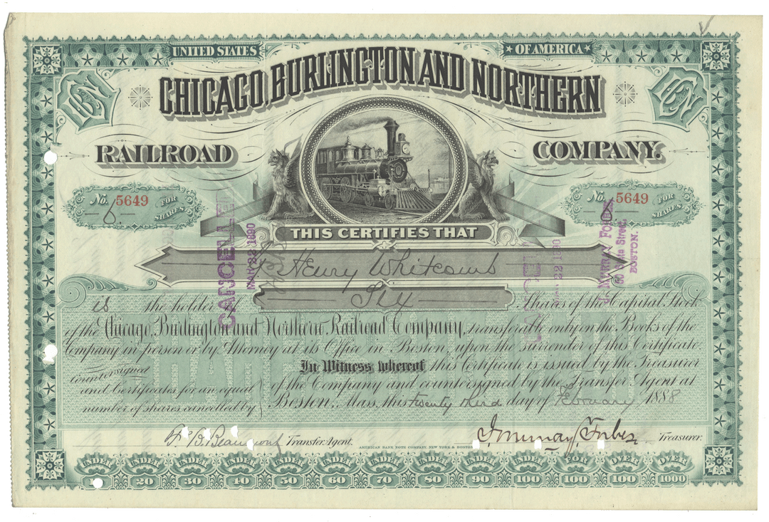 Chicago, Burlington and Northern Railroad Company Stock Certificate Signed by John Murray Forbes