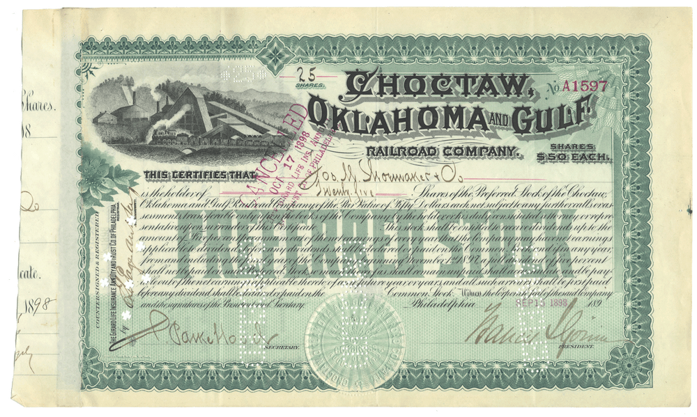 Historical railroad stock certificate from Choctaw, Oklahoma and Gulf Railroad Company dating back to 1898