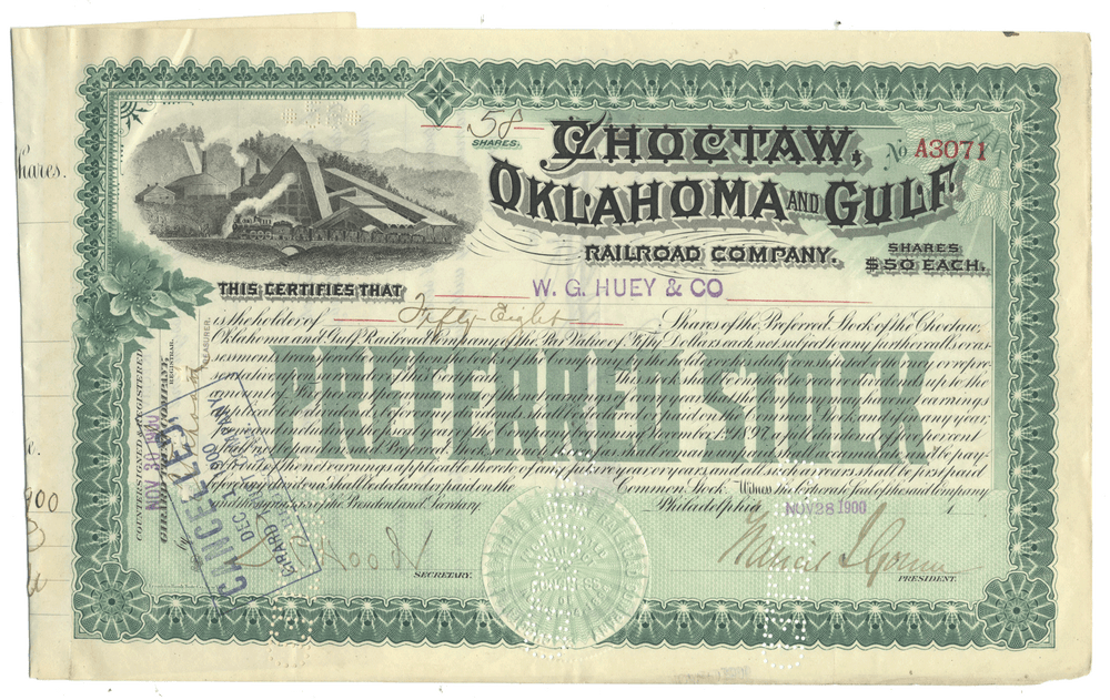 Historical stock certificate for Choctaw, Oklahoma and Gulf Railroad Company from 1900