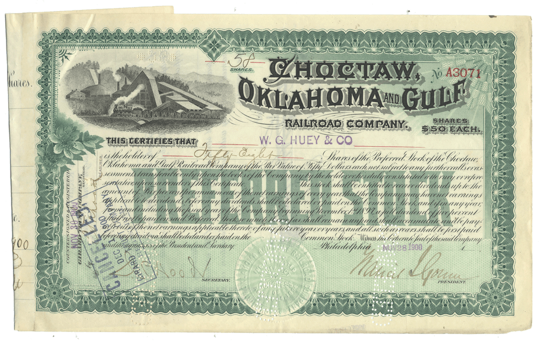 Historical stock certificate for Choctaw, Oklahoma and Gulf Railroad Company from 1900