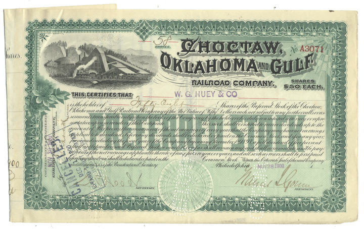 Historical stock certificate for Choctaw, Oklahoma and Gulf Railroad Company from 1900