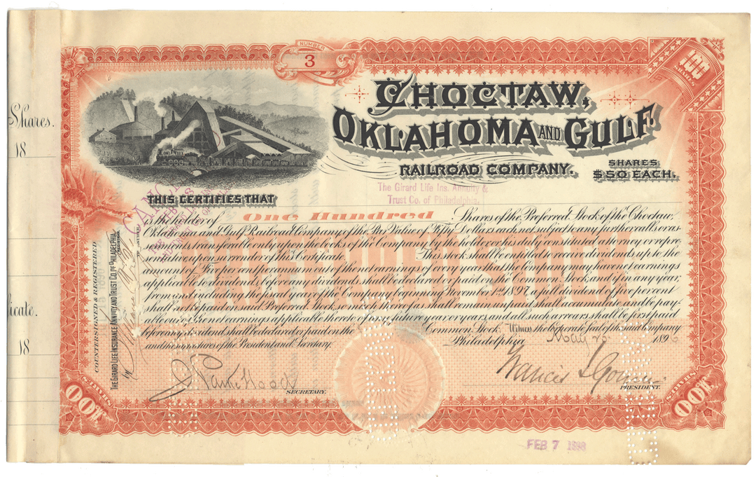 Historical stock certificate for Choctaw, Oklahoma and Gulf Railroad Company