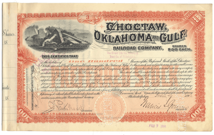 Historical stock certificate for Choctaw, Oklahoma and Gulf Railroad Company