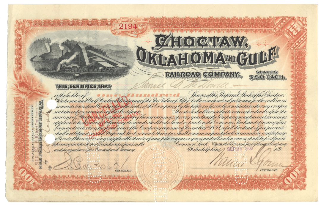 Stock certificate for Choctaw, Oklahoma and Gulf Railroad Company dating back to 1900