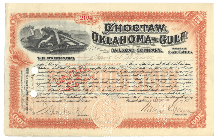 Stock certificate for Choctaw, Oklahoma and Gulf Railroad Company dating back to 1900